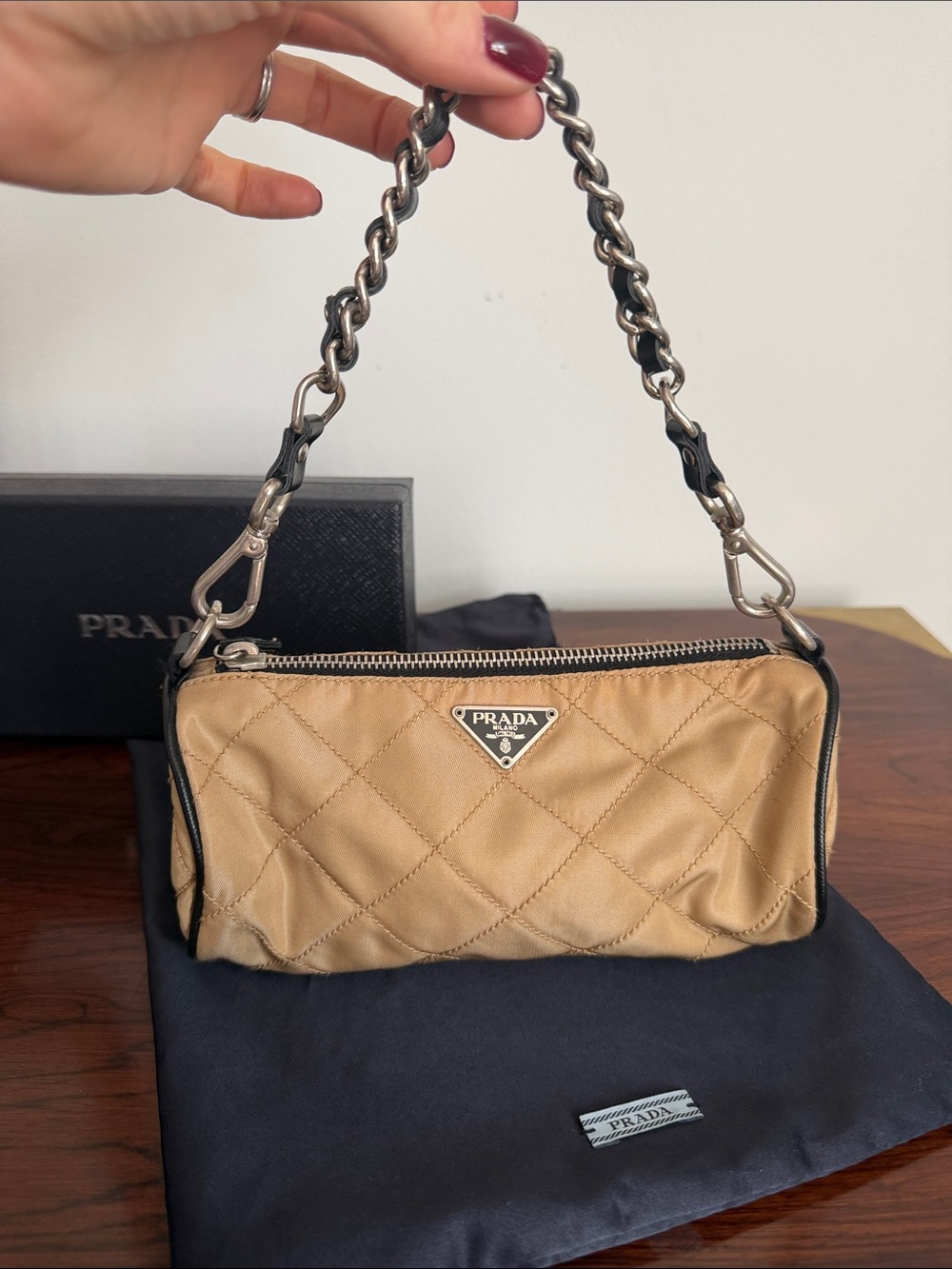 Vintage Authentic Prada Quilted Beige Shoulder Bag with Silver Chain Strap
